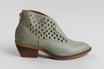Load image into Gallery viewer, Casta light olive perforated leather ankle books with a stacked 2” heel (37).

