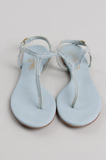Load image into Gallery viewer, Chanel pale ice blue chambray fabric thong strap sandals with iconic gold-tone CC (38)
