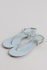 Load image into Gallery viewer, Chanel pale ice blue chambray fabric thong strap sandals with iconic gold-tone CC (38)
