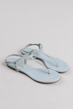 Load image into Gallery viewer, Chanel pale ice blue chambray fabric thong strap sandals with iconic gold-tone CC (38)
