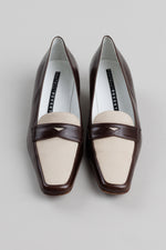 Load image into Gallery viewer, Fratelli Rossetti brown and beige leather loafer pumps with a square toe and 1.5” block heel (35.5)
