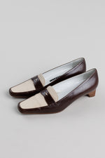 Load image into Gallery viewer, Fratelli Rossetti brown and beige leather loafer pumps with a square toe and 1.5” block heel (35.5)
