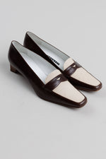 Load image into Gallery viewer, Fratelli Rossetti brown and beige leather loafer pumps with a square toe and 1.5” block heel (35.5)
