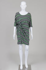 Load image into Gallery viewer, COS Green Black Striped Assymetrical Draped Dress (S)
