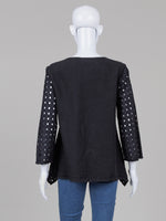 Load image into Gallery viewer, Finini Black Long Sleeve Top with Eyelet Sleeve and Hem (S) *new with tags
