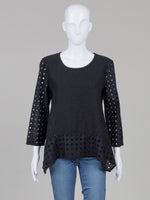 Load image into Gallery viewer, Finini Black Long Sleeve Top with Eyelet Sleeve and Hem (S) *new with tags
