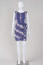 Load image into Gallery viewer, Diane Von Furstenberg blue and purple print sleeveless dress with waist tie
