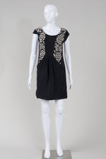 Load image into Gallery viewer, Diane Von Furstenberg black and tan print sleeveless short dress with front drape (4)
