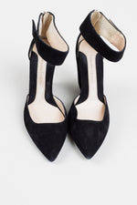Load image into Gallery viewer, Carolinna Espinosa black suede wedge heels with ankle strap and gold back zipper (5.5)
