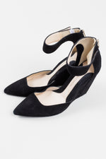 Load image into Gallery viewer, Carolinna Espinosa black suede wedge heels with ankle strap and gold back zipper (5.5)
