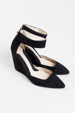 Load image into Gallery viewer, Carolinna Espinosa black suede wedge heels with ankle strap and gold back zipper (5.5)
