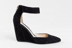 Load image into Gallery viewer, Carolinna Espinosa black suede wedge heels with ankle strap and gold back zipper (5.5)
