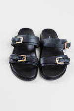 Load image into Gallery viewer, Witchery black leather strappy sandal with brushed gold metal buckles (39)
