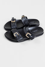 Load image into Gallery viewer, Witchery black leather strappy sandal with brushed gold metal buckles (39)
