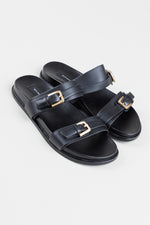 Load image into Gallery viewer, Witchery black leather strappy sandal with brushed gold metal buckles (39)
