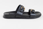 Load image into Gallery viewer, Witchery black leather strappy sandal with brushed gold metal buckles (39)
