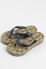 Load image into Gallery viewer, Coach Lynn platform flip-flops in taupe and sage with black straps (6)

