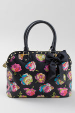 Load image into Gallery viewer, BETSEY JOHNSON black leather w/ rose design satchel bag
