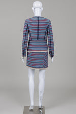 Load image into Gallery viewer, Morgan blue &amp; maroon patterned blazer &amp; skirt w/ fringed trim along hem (36)
