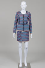 Load image into Gallery viewer, Morgan blue &amp; maroon patterned blazer &amp; skirt w/ fringed trim along hem (36)
