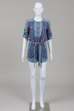 Load image into Gallery viewer, BCBCMaxAzria Women's Melodi Romper with blue depths combo print w/ matching tie (XS)
