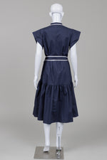 Load image into Gallery viewer, Betty Basics Navy Blue with Contrast White Accent Cap Sleeve dress with tie (10)
