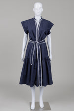 Load image into Gallery viewer, Betty Basics Navy Blue with Contrast White Accent Cap Sleeve dress with tie (10)
