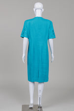 Load image into Gallery viewer, Liz Claiborne Vintage Teal linen dress with embroidered scalloped sleeve (12)
