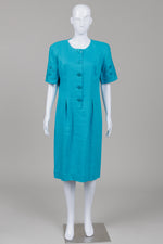 Load image into Gallery viewer, Liz Claiborne Vintage Teal linen dress with embroidered scalloped sleeve (12)
