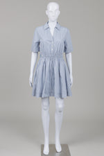 Load image into Gallery viewer, Veronica Beard Susan mini dress with blue and white pinstripe pattern with smocked drawstring waist (6)
