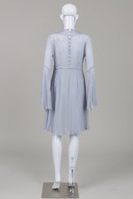 Load image into Gallery viewer, Ghost London pale blue-grey peasant dress with bell sleeve and lace up front detail (XS)
