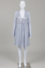 Load image into Gallery viewer, Ghost London pale blue-grey peasant dress with bell sleeve and lace up front detail (XS)
