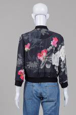 Load image into Gallery viewer, Black floral bomber jacket with vibrant red and muted green rose print (M)
