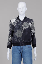 Load image into Gallery viewer, Black floral bomber jacket with vibrant red and muted green rose print (M)
