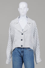 Load image into Gallery viewer, Emilio Pepe White Cropped Blouse with Horizontal Stripe with Adjustable Sleeve (XL)

