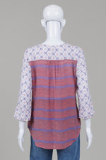 Load image into Gallery viewer, Fred David White and Blue Geometric Pattern Blouse with contrasting red back panel (S)
