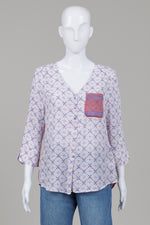 Load image into Gallery viewer, Fred David White and Blue Geometric Pattern Blouse with contrasting red back panel (S)
