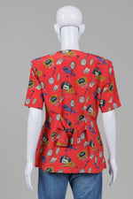 Load image into Gallery viewer, Waihouse Tennis themed red print short sleeve vintage blouse (S)
