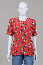 Load image into Gallery viewer, Waihouse Tennis themed red print short sleeve vintage blouse (S)
