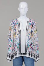 Load image into Gallery viewer, BCBG MaxAzria tunic long sleeve popover top with vibrant floral scarf print (L)
