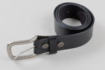 Load image into Gallery viewer, Europa Dezines genuine black leather belt with brushed silver buckle.(34”)
