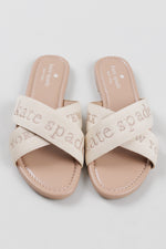 Load image into Gallery viewer, Kate Spade Piper slide sandals with beige webbing criss-cross straps and embroidered text (8.5)
