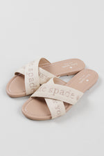 Load image into Gallery viewer, Kate Spade Piper slide sandals with beige webbing criss-cross straps and embroidered text (8.5)
