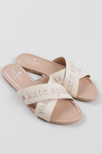 Load image into Gallery viewer, Kate Spade Piper slide sandals with beige webbing criss-cross straps and embroidered text (8.5)
