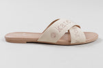Load image into Gallery viewer, Kate Spade Piper slide sandals with beige webbing criss-cross straps and embroidered text (8.5)

