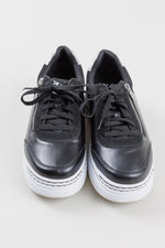 Load image into Gallery viewer, Alegria black leather and suede side zip sneakers with silver ankle detail (40)
