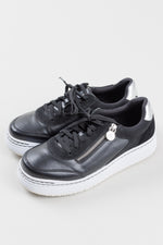 Load image into Gallery viewer, Alegria black leather and suede side zip sneakers with silver ankle detail (40)
