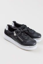 Load image into Gallery viewer, Alegria black leather and suede side zip sneakers with silver ankle detail (40)
