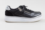 Load image into Gallery viewer, Alegria black leather and suede side zip sneakers with silver ankle detail (40)
