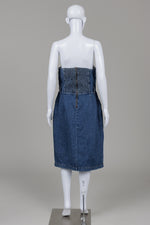 Load image into Gallery viewer, Reformation Jeans strapless medium blue wash dress with front slit with smocked back insert (8)
